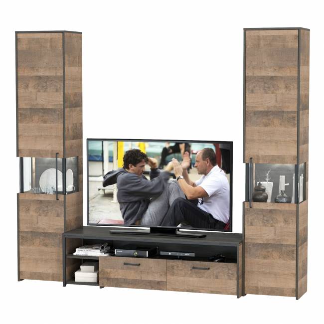 Два шкафа-пенала с подсветкой и тумба под ТВ Трувор № 18 цвет дуб гранж песочный/интра Два шкафа-пенала с подсветкой и тумба под ТВ Трувор № 18 цвет дуб гранж песочный/интра