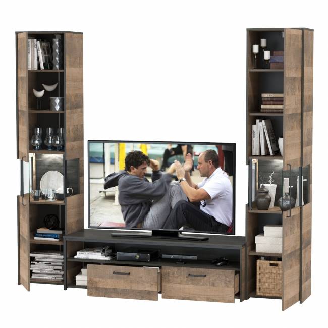 Два шкафа-пенала с подсветкой и тумба под ТВ Трувор № 18 цвет дуб гранж песочный/интра Два шкафа-пенала с подсветкой и тумба под ТВ Трувор № 18 цвет дуб гранж песочный/интра