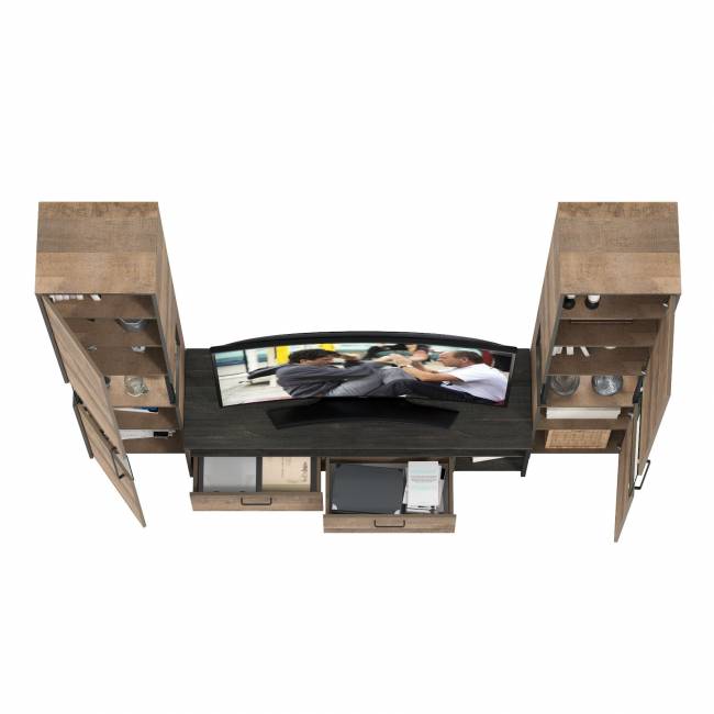 Два шкафа-пенала с подсветкой и тумба под ТВ Трувор № 18 цвет дуб гранж песочный/интра Два шкафа-пенала с подсветкой и тумба под ТВ Трувор № 18 цвет дуб гранж песочный/интра