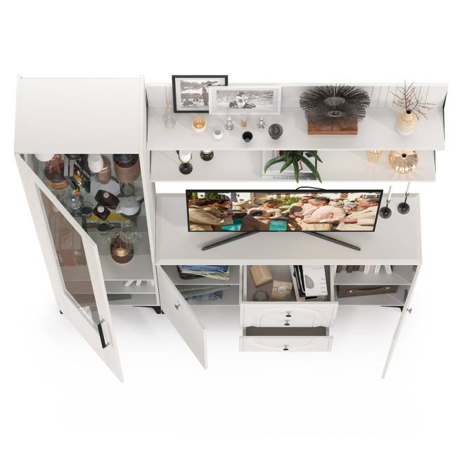 TV-тумба-комод с двумя навесными полками и пенал со стеклом в гостиную Валенсия цвет белый шагрень