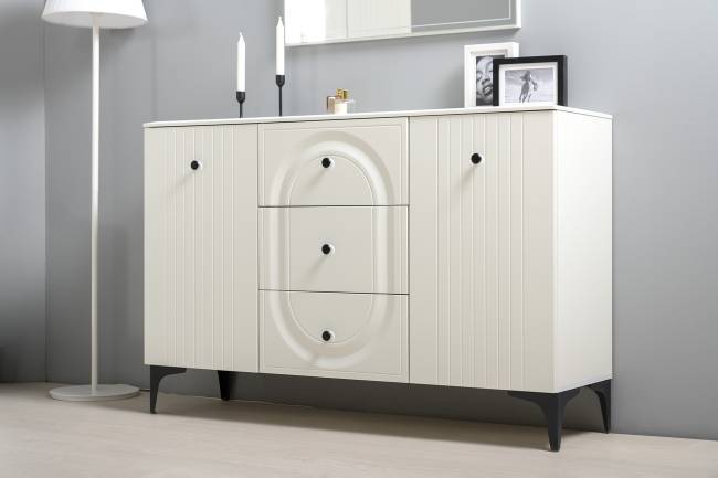 TV-тумба-комод с двумя навесными полками и пенал со стеклом в гостиную Валенсия цвет белый шагрень