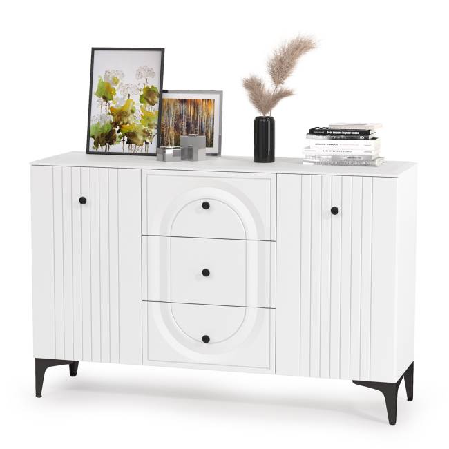 TV-тумба-комод с двумя навесными полками и пенал со стеклом в гостиную Валенсия цвет белый шагрень