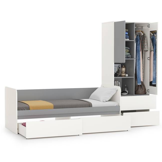 Детская кровать с ящиками и шкаф Торонто цвет белый шагрень/стальной серый