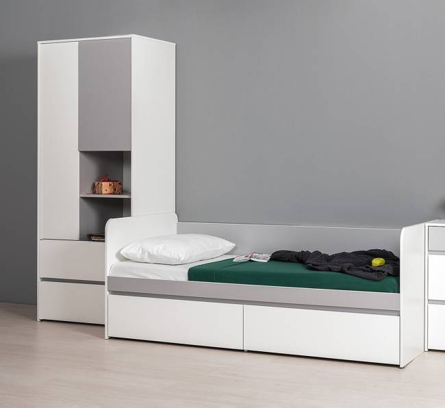 Детская кровать с ящиками и шкаф Торонто цвет белый шагрень/стальной серый