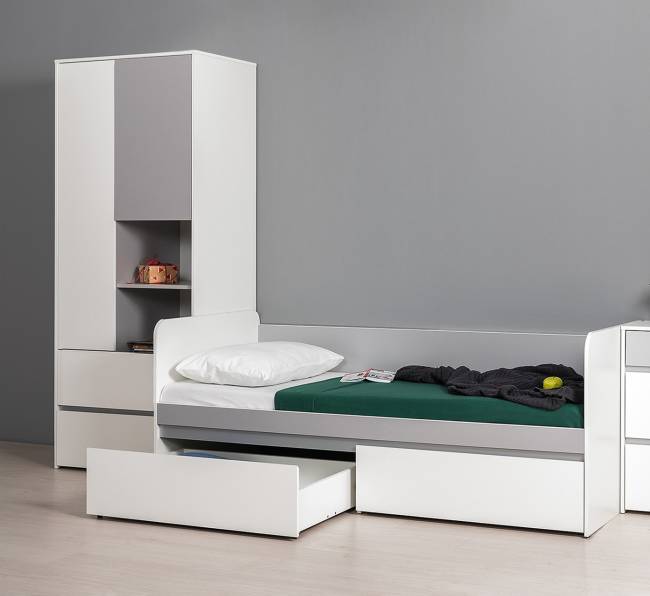 Детская кровать с ящиками и шкаф Торонто цвет белый шагрень/стальной серый
