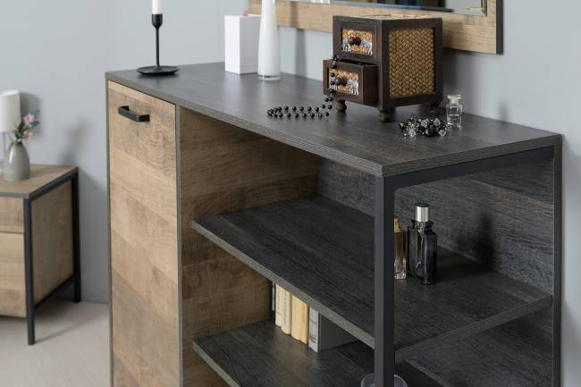 Комод с дверкой и ящиком с ТВ-тумбой для гостиной Трувор и открытый стеллаж с полками цвет дуб гранж песочный/интра