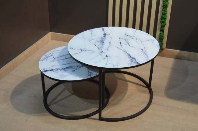 Набор кофейных столиков Tango белый мрамор с черными ножками Набор кофейных столиков Tango белый мрамор с черными ножками
