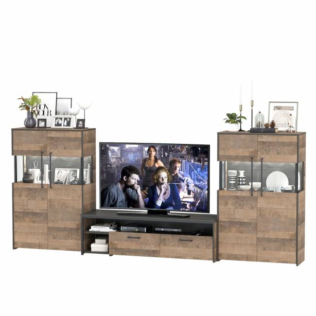 Две тумбы-витрины с подсветкой и с тумбой для телевизора Трувор цвет дуб гранж песочный/интра