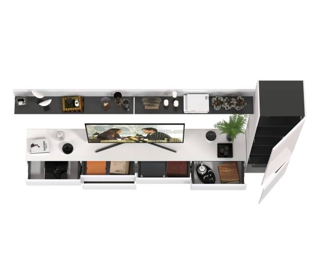 Две ТВ-тумбы с двумя навесными полочками и шкафом с полками Сидней цвет белый/чёрный/МДФ белый глянец Две ТВ-тумбы с двумя навесными полочками и шкафом с полками Сидней цвет белый/чёрный/МДФ белый глянец