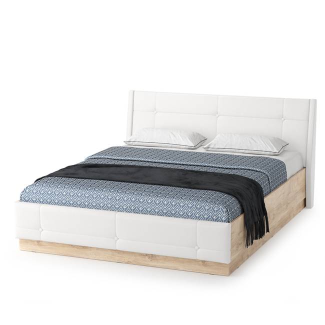 Муссон Кровать 1600 с подъёмным механизмом с тумбой TV 13.276 и зеркалом СВК цвет белый/чёрный/дуб эндгрейн элегантный/кожзам белый