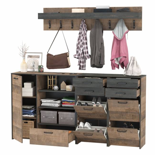 Две вешалки для одежды с полкой с двумя тумбами для обуви и комодом-тумбой с дверкой Трувор цвет дуб гранж песочный/интра