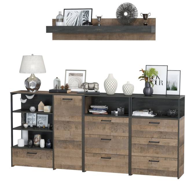 Два комода с ящиками с навесной полкой и комод с ящиком и дверкой в гостиную Трувор цвет дуб гранж песочный/интра Два комода с ящиками с навесной полкой и комод с ящиком и дверкой в гостиную Трувор цвет дуб гранж песочный/интра