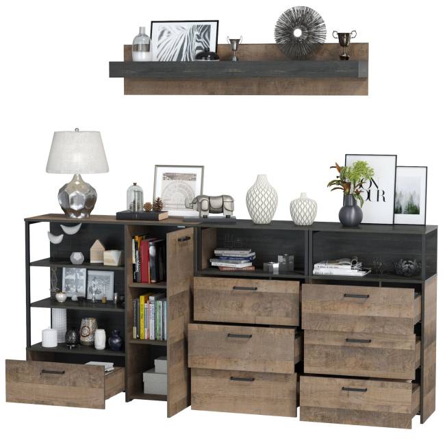 Два комода с ящиками с навесной полкой и комод с ящиком и дверкой в гостиную Трувор цвет дуб гранж песочный/интра Два комода с ящиками с навесной полкой и комод с ящиком и дверкой в гостиную Трувор цвет дуб гранж песочный/интра