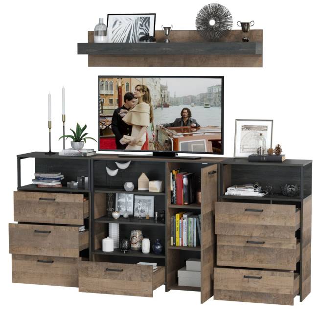 Два комода с ящиками с навесной полкой и комод с ящиком и дверкой в гостиную Трувор цвет дуб гранж песочный/интра Два комода с ящиками с навесной полкой и комод с ящиком и дверкой в гостиную Трувор цвет дуб гранж песочный/интра