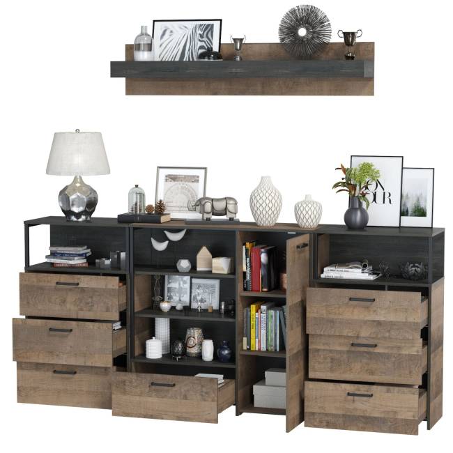 Два комода с ящиками с навесной полкой и комод с ящиком и дверкой в гостиную Трувор цвет дуб гранж песочный/интра Два комода с ящиками с навесной полкой и комод с ящиком и дверкой в гостиную Трувор цвет дуб гранж песочный/интра